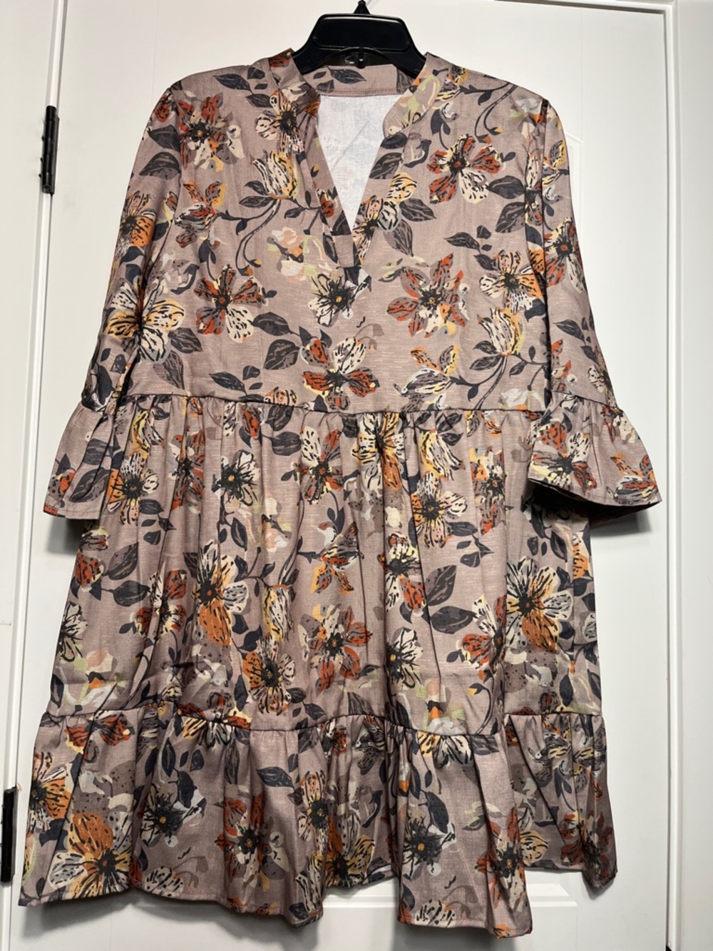 Floral Ruffle-Tiered Midi Dress in Taupe